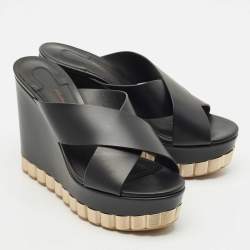 Salvatore Ferragamo Black Leather Nicosia Wedge Sandals Size 37