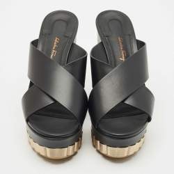 Salvatore Ferragamo Black Leather Nicosia Wedge Sandals Size 37