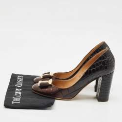Salvatore Ferragamo Brown Alligator Leather Vara Bow Block Heel Pumps Size 39.5