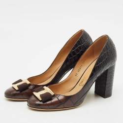 Salvatore Ferragamo Brown Alligator Leather Vara Bow Block Heel Pumps Size 39.5