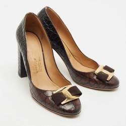 Salvatore Ferragamo Brown Alligator Leather Vara Bow Block Heel Pumps Size 39.5