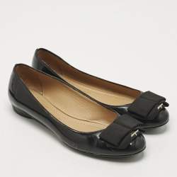 Pre Owned Salvatore Ferragamo Black Patent Leather Bow Ballet Flats Size 35.5