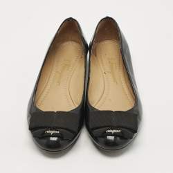 Pre Owned Salvatore Ferragamo Black Patent Leather Bow Ballet Flats Size 35.5
