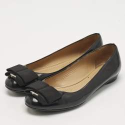 Pre Owned Salvatore Ferragamo Black Patent Leather Bow Ballet Flats Size 35.5