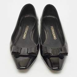Salvatore Ferragamo Black Patent Leather Vara Bow Ballet Flats Size 37