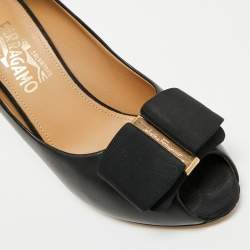 Pre Owned Salvatore Ferragamo Black Leather Pimpa Peep Toe Pumps Size 38.5