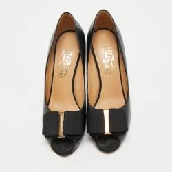 Pre Owned Salvatore Ferragamo Black Leather Pimpa Peep Toe Pumps Size 38.5