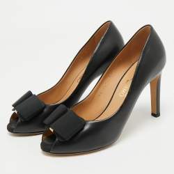 Pre Owned Salvatore Ferragamo Black Leather Pimpa Peep Toe Pumps Size 38.5