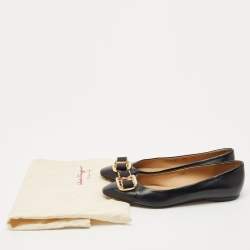 Pre Owned Salvatore Ferragamo Black Leather Vara Bow Ballet Flats Size 40.5