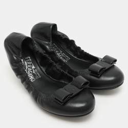 Pre Owned Salvatore Ferragamo Black Leather Vara Bow Ballet Flats Size 37