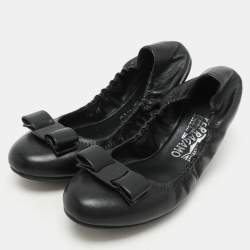 Pre Owned Salvatore Ferragamo Black Leather Vara Bow Ballet Flats Size 37