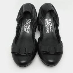 Pre Owned Salvatore Ferragamo Black Leather Vara Bow Ballet Flats Size 37