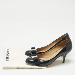 Pre Owned Salvatore Ferragamo Navy Blue Patent Leather Vara Bow Pumps Size 39