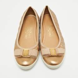 Pre Owned Salvatore Ferragamo Gold Quilted Leather Varina Ballet Flats Size 37.5