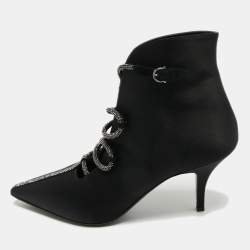Pre Owned Salvatore Ferragamo Black Satin Ciconia Embellished Ankle Length Boots Size 40