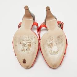 Pre Owned Salvatore Ferragamo Orange Patent Peep Toe Slingback Pumps Size 38.5