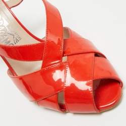 Pre Owned Salvatore Ferragamo Orange Patent Peep Toe Slingback Pumps Size 38.5
