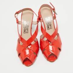 Pre Owned Salvatore Ferragamo Orange Patent Peep Toe Slingback Pumps Size 38.5