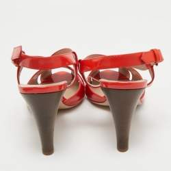 Pre Owned Salvatore Ferragamo Orange Patent Peep Toe Slingback Pumps Size 38.5