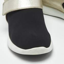 Pre Owned Salvatore Ferragamo Black/Gold Leather and Neoprene Palau Sneakers Size 38.5