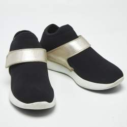 Pre Owned Salvatore Ferragamo Black/Gold Leather and Neoprene Palau Sneakers Size 38.5