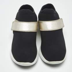 Pre Owned Salvatore Ferragamo Black/Gold Leather and Neoprene Palau Sneakers Size 38.5