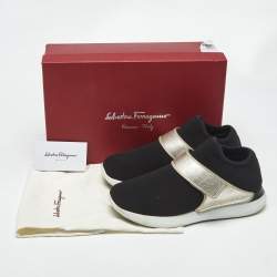 Pre Owned Salvatore Ferragamo Black/Gold Leather and Neoprene Palau Sneakers Size 38.5