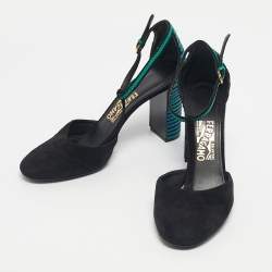 Pre Owned Salvatore Ferragamo Black/Blue Suede And Leather Fergie T-Strap Pumps Size 40.5