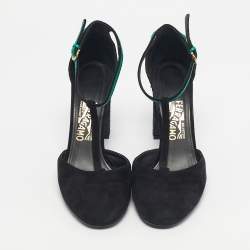 Pre Owned Salvatore Ferragamo Black/Blue Suede And Leather Fergie T-Strap Pumps Size 40.5