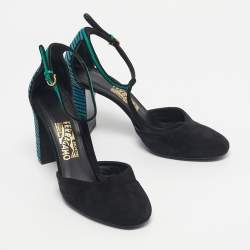 Pre Owned Salvatore Ferragamo Black/Blue Suede And Leather Fergie T-Strap Pumps Size 40.5