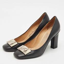 Pre Owned Salvatore Ferragamo Black Leather Vara Bow Block Heels Pumps Size 38.5