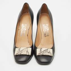 Pre Owned Salvatore Ferragamo Black Leather Vara Bow Block Heels Pumps Size 38.5