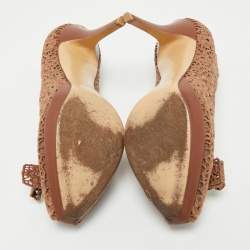 Pre Owned Salvatore Ferragamo Brown Lace Bonita Platform Peep Toe Pumps Size 38.5
