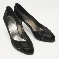 Pre Owned Salvatore Ferragamo Black Pleated Satin Societe Peep Toe Pumps Size 39.5