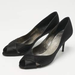Pre Owned Salvatore Ferragamo Black Pleated Satin Societe Peep Toe Pumps Size 39.5