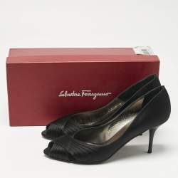 Pre Owned Salvatore Ferragamo Black Pleated Satin Societe Peep Toe Pumps Size 39.5