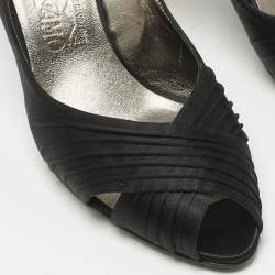 Pre Owned Salvatore Ferragamo Black Pleated Satin Societe Peep Toe Pumps Size 39.5