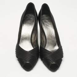 Pre Owned Salvatore Ferragamo Black Pleated Satin Societe Peep Toe Pumps Size 39.5