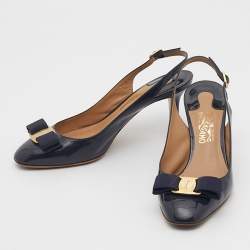 Pre Owned Salvatore Ferragamo Navy Blue Patent Leather Bow Slingback Pumps Size 37