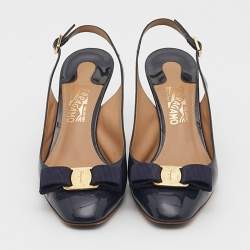 Pre Owned Salvatore Ferragamo Navy Blue Patent Leather Bow Slingback Pumps Size 37
