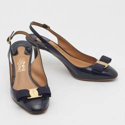 Pre Owned Salvatore Ferragamo Navy Blue Patent Leather Bow Slingback Pumps Size 37