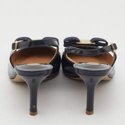 Pre Owned Salvatore Ferragamo Navy Blue Patent Leather Bow Slingback Pumps Size 37