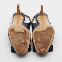 Pre Owned Salvatore Ferragamo Navy Blue Patent Leather Bow Slingback Pumps Size 37