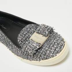 Pre Owned Salvatore Ferragamo Grey Tweed and Leather Novello Slip On Sneakers Size 38.5