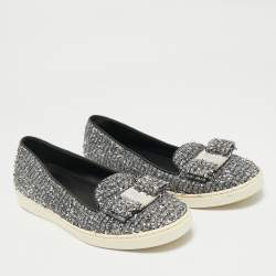 Pre Owned Salvatore Ferragamo Grey Tweed and Leather Novello Slip On Sneakers Size 38.5