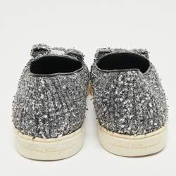 Pre Owned Salvatore Ferragamo Grey Tweed and Leather Novello Slip On Sneakers Size 38.5