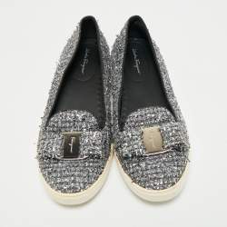 Pre Owned Salvatore Ferragamo Grey Tweed and Leather Novello Slip On Sneakers Size 38.5