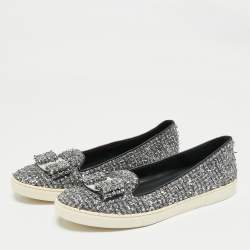 Pre Owned Salvatore Ferragamo Grey Tweed and Leather Novello Slip On Sneakers Size 38.5