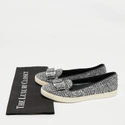 Pre Owned Salvatore Ferragamo Grey Tweed and Leather Novello Slip On Sneakers Size 38.5