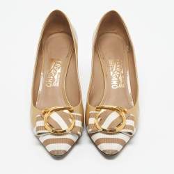 Pre Owned Salvatore Ferragamo Beige Grosgrain and Patent Leather Ezia Pumps Size 39.5